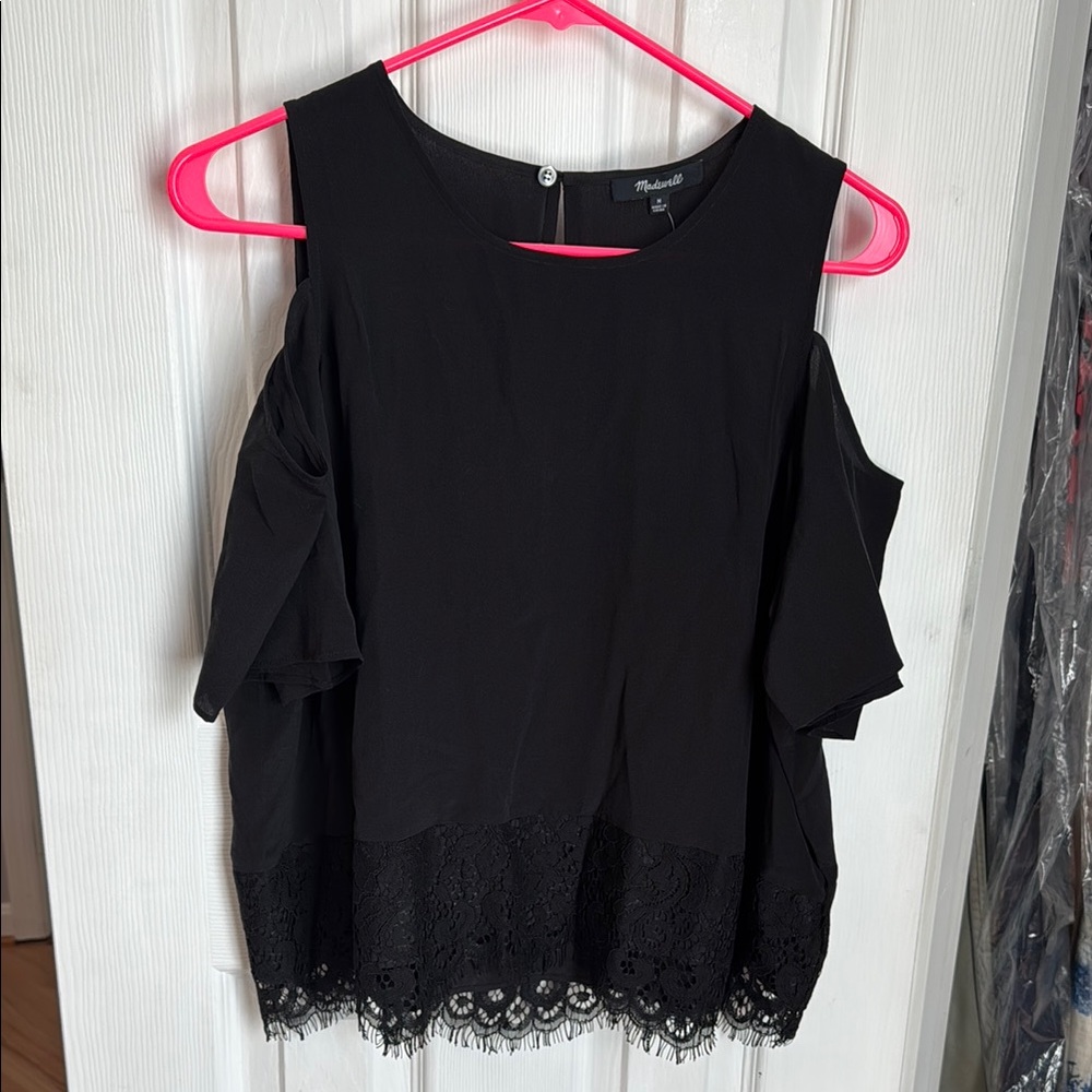 Madewell Black Cold Shoulder Top with Lace Hem